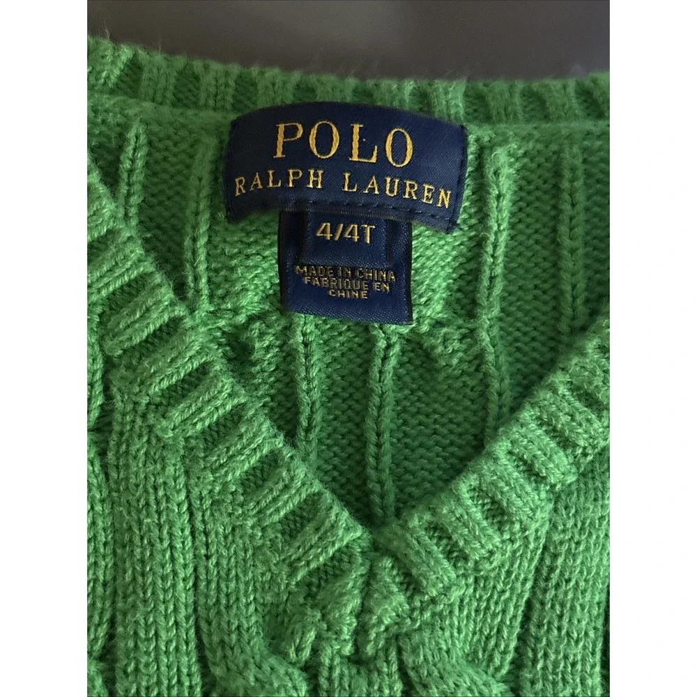 Polo Ralph Lauren Kelly‎ Green Cable Knit V Neck Sweater Vest Toddler Boys 4/4T
